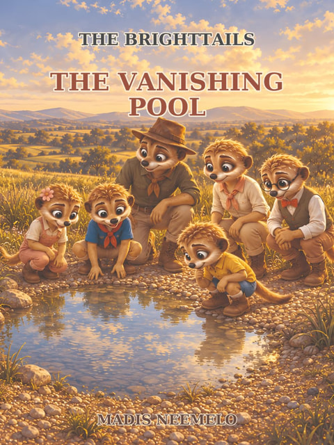 Front cover of THE BRIGHTTAILS: The Vanishing Pool by Madis Neemelo — the Brighttails crouching around a shrinking pool in golden valley grassland.