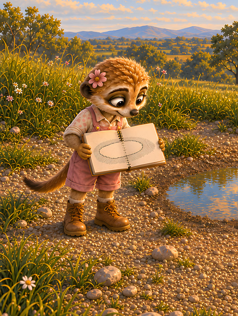 Daisy in the published artwork, wearing her pink outfit and flower and holding her journal.