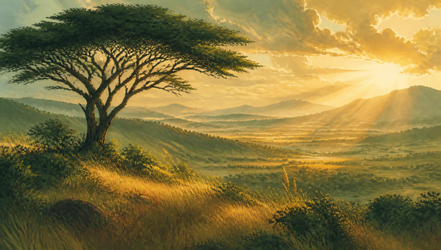 Illustrated golden-hour view across Kijani Valley with a great acacia tree