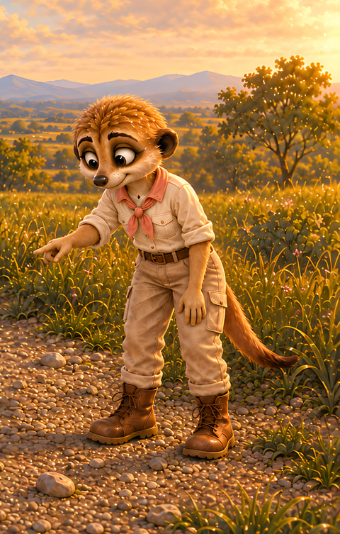 Molly Brighttail in the published artwork, wearing a white shirt, pink scarf, tan trousers and brown boots.