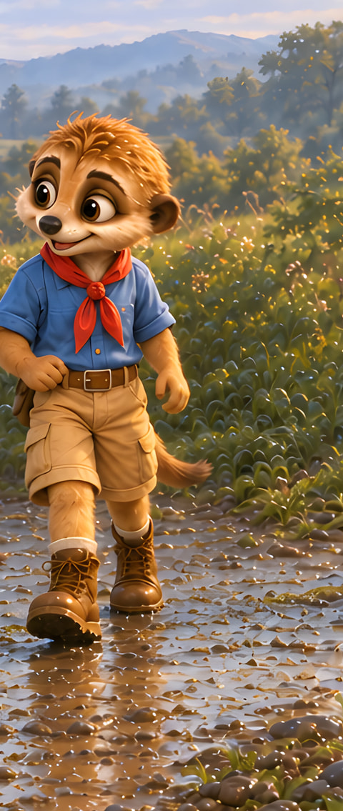 Oliver in the published artwork, wearing a blue shirt, red scarf, tan shorts and brown boots.