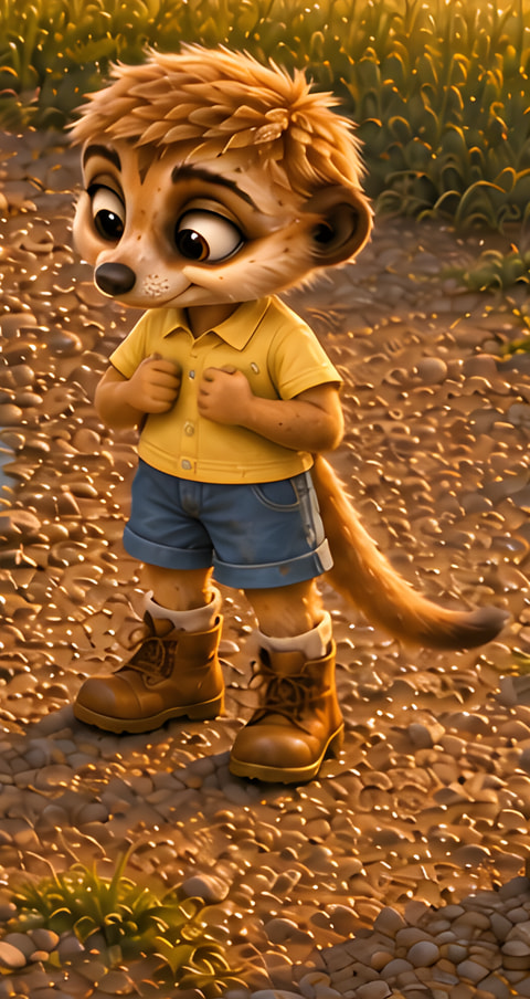 Pip in the published artwork, with copper fur and a tuft, wearing a yellow shirt, blue shorts and brown boots.